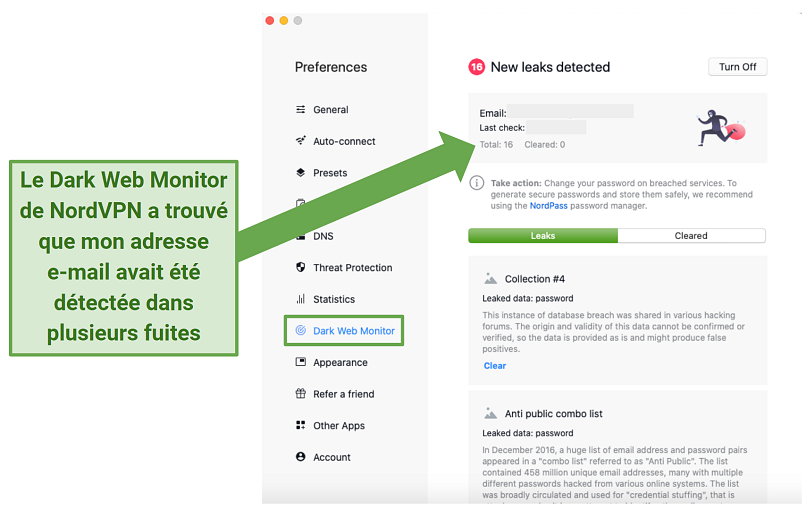 Screenshot of NordVPN's macOS app highlighting the Dark Web Monitor feature 