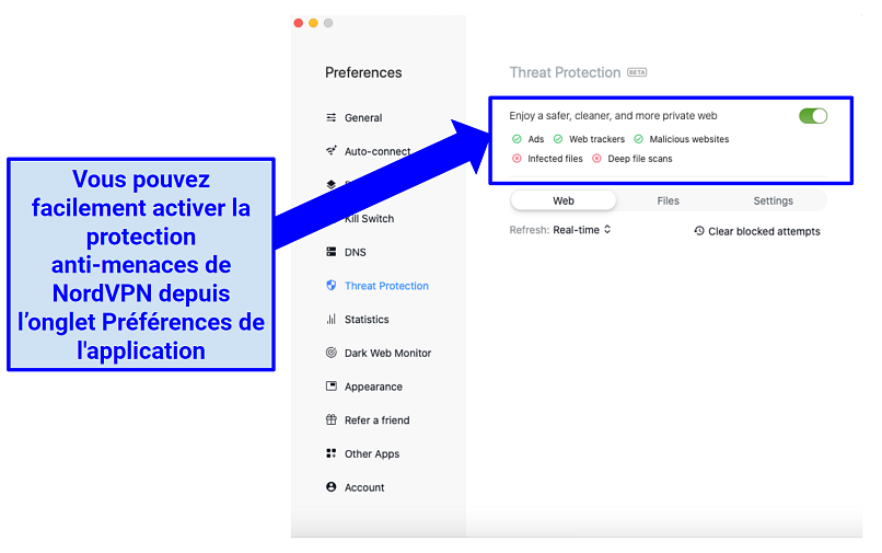 Screenshot of the NordVPN MacOS app highlighting the Threat Protection feature 