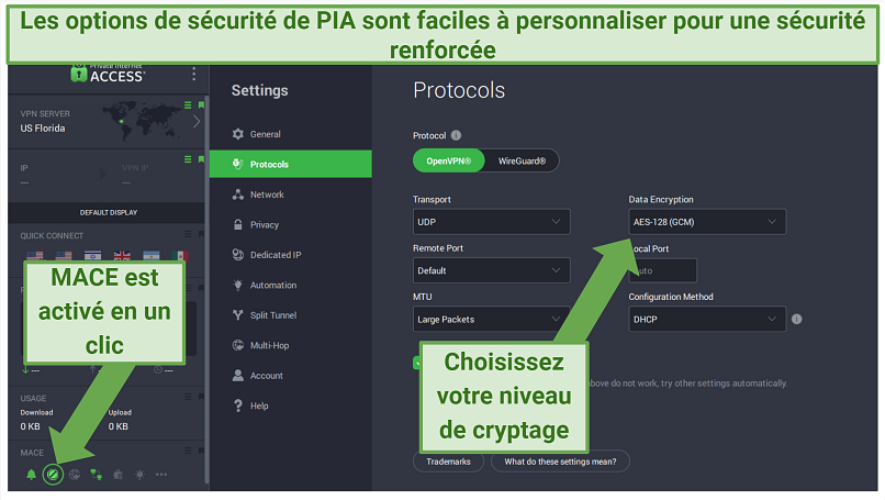 PIA Windows app displaying how to customize different security features and enable MACE