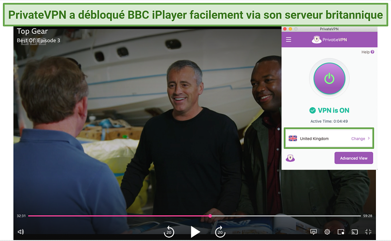 Screenshot of watching Top Gear on BBC iPlayer using PrivateVPN's UK server