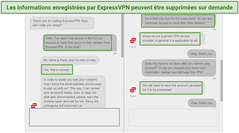 Screenshot of live chat stating you can request to have your information deleted after you cancel your subscription