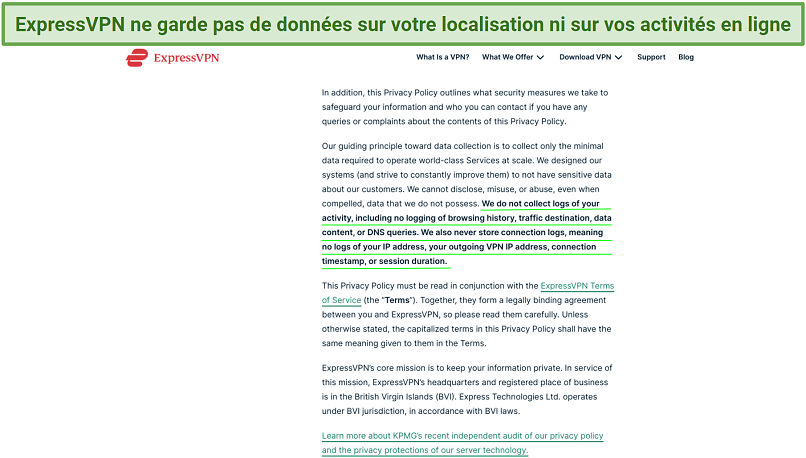 Screenshot of the ExpressVPN privacy policy highlighting what it does not collect
