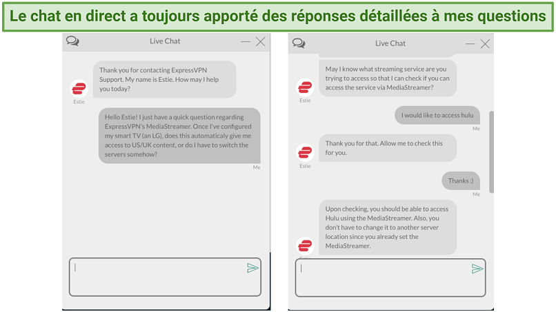 Screenshot of live chat support agent answering questions about ExpressVPN's MediaStreamer