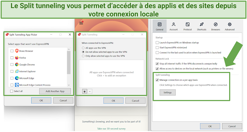 Screenshot of ExpressVPN split tunneling features on Android and Windows apps
