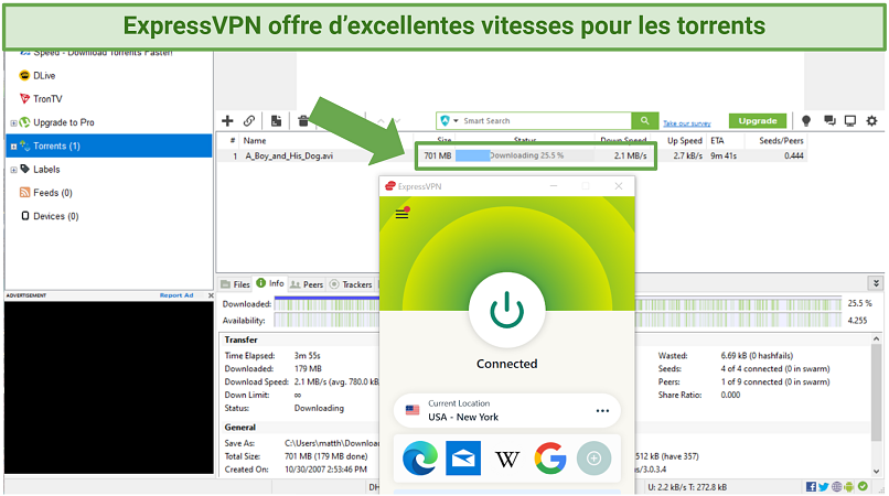 Screenshot of Utorrent downloading A Boy and His Dog while connected to ExpressVPN