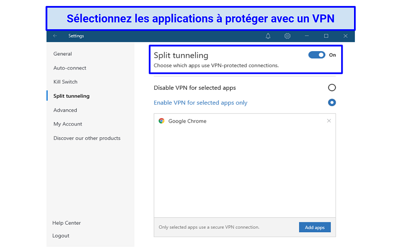 A screenshot of NordVPN's split tunneling settings