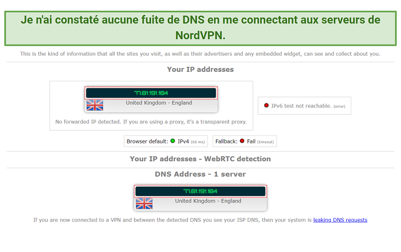 A screenshot of NordVPN's DNS leak tests