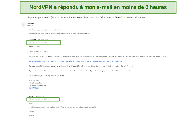 A screenshot of NordVPN's reply after sending a question to customer support