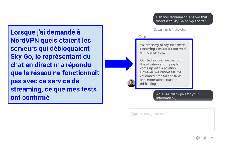 A screenshot of NordVPN live chat rep explaining that NordVPN doesn't work with SkyGO