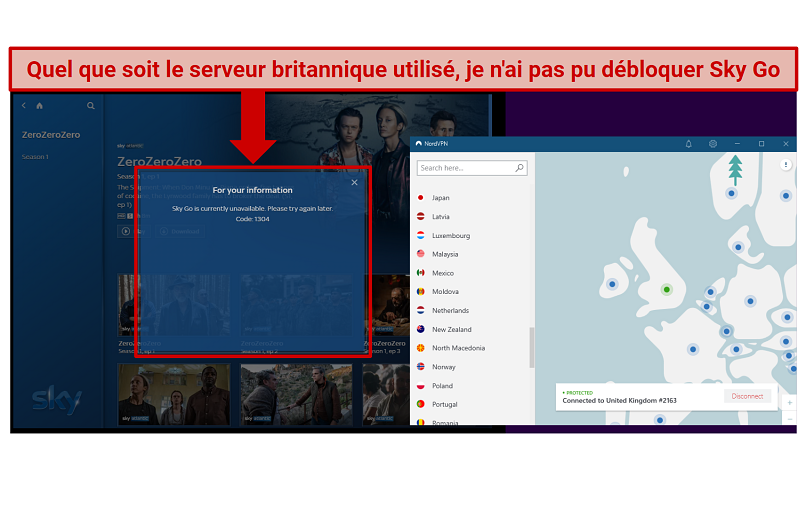 A screenshot of NordVPN not being able to unblock SkyGo