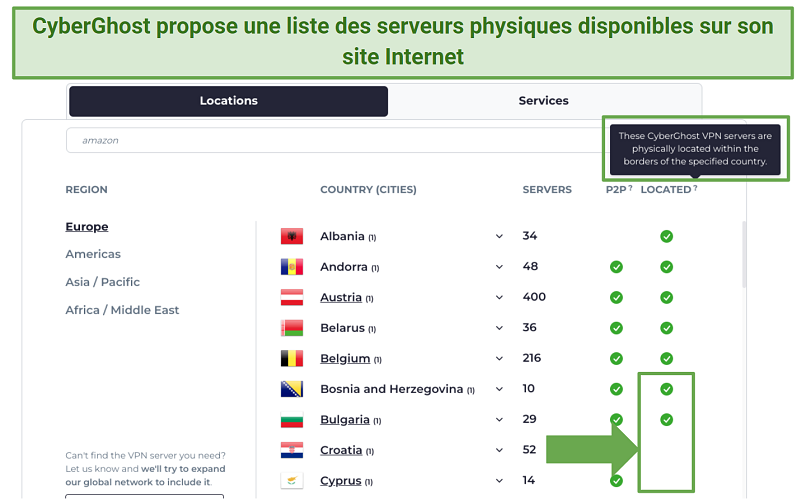 screenshot of CyberGhost's server list on its website highlighting the physical servers
