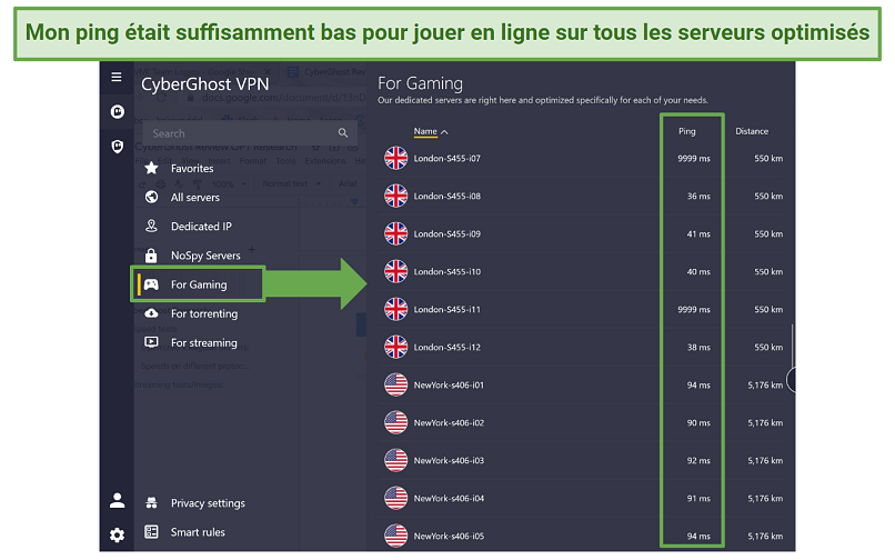 Screenshot of CyberGhost's gaming servers showing a low ping rate on the app