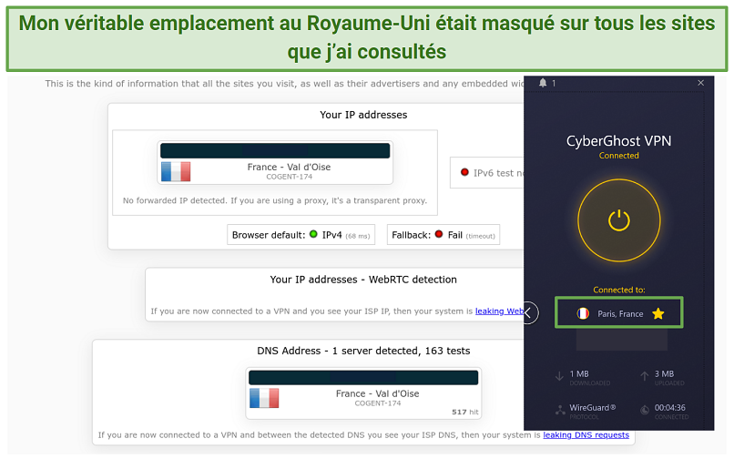 Screenshot of CyberGhost passing leak test on ipleaknet