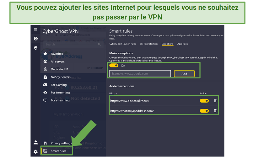 Screenshot of CyberGhost's split tunneling feature called exceptions in the app