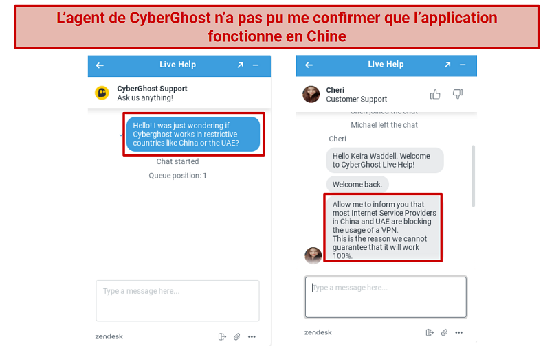 Image of Cyberghost's agent telling me the app may not work in China