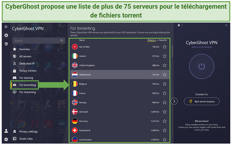 Screenshot showing CyberGhost's torrenting servers in the Windows app