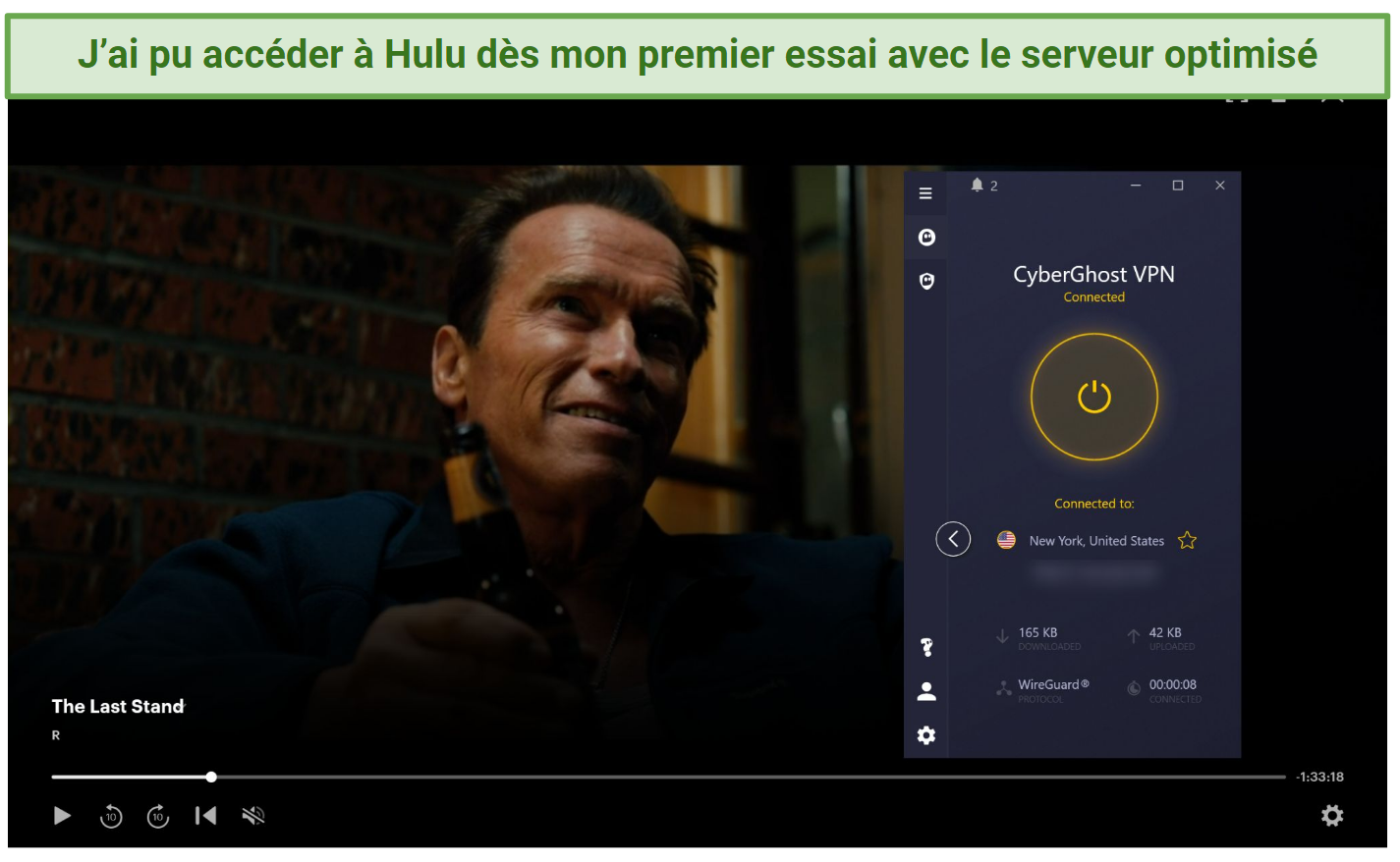 Screenshot of Hulu player streaming The Last Stand while connected to CyberGhost's Hulu server