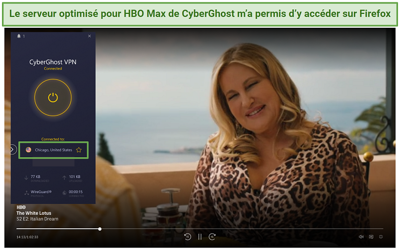 Screenshot of CyberGhost unblocking HBO Max