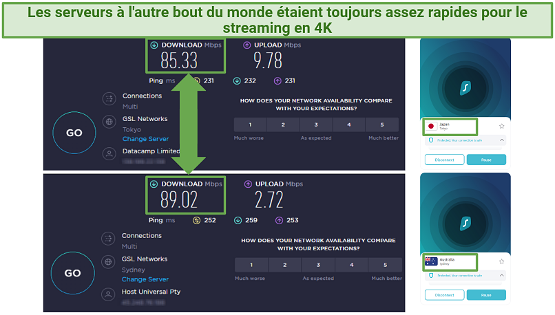 Screenshots of Ookla speed tests done while connected to Surfshark servers in Japan and Australia