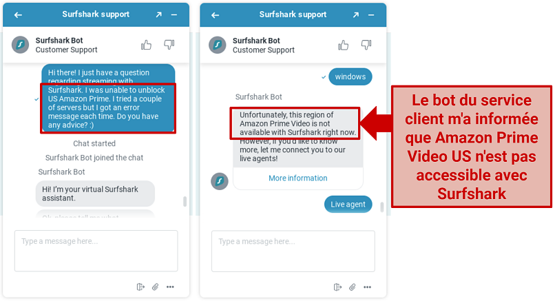 Screenshot of conversation with Surfshark rep explaining it can't unblock Amazon Prime Video