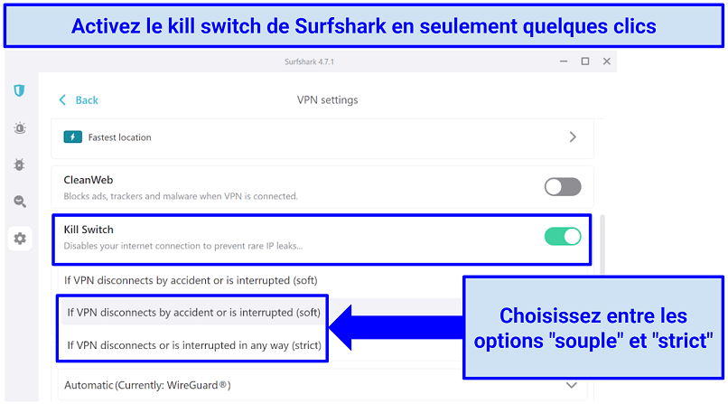 Screenshots showing how to enable Surfshark's soft or strict kill switch