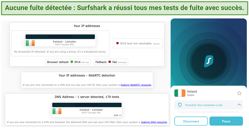 Screenshot showing Surfshark doesn't leak IP, DNS, or IPv6 data.