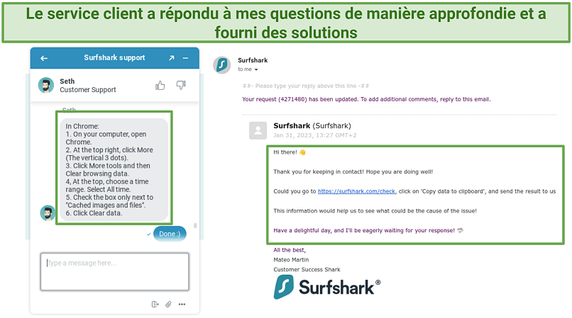 Screenshot showing conversation on Surfsharks live chat and email ticketing system