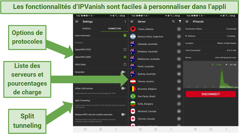 Screenshot of IPVanish's Android app, indicating where to adjust security settings