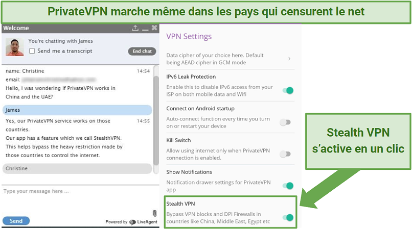 Indication within PrivateVPN's Android app of where to locate Stealth VPN in its settings