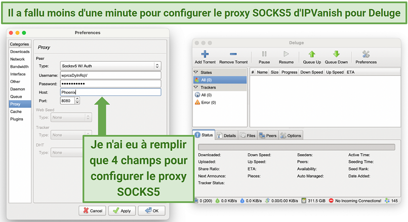 Screenshot showing the Preferences panel on the Deluge torrent client, with IPVanish's SOCKS5 proxy configurations