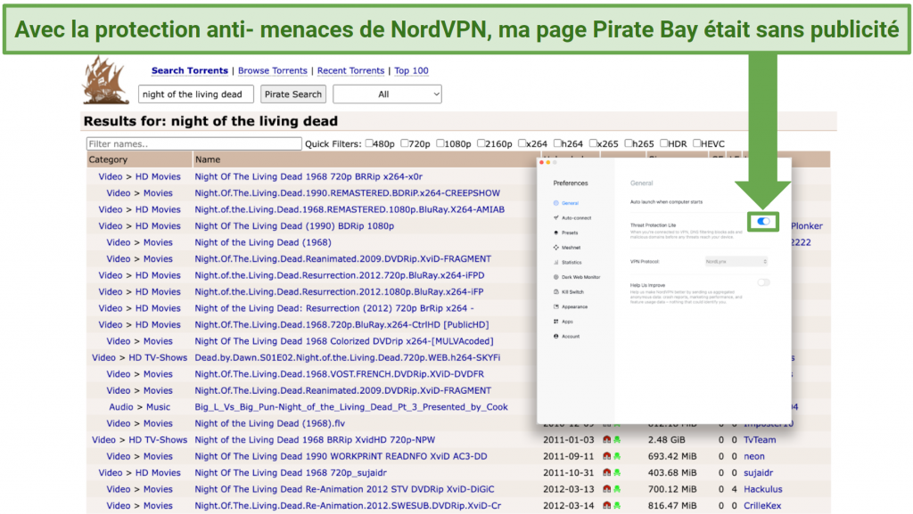 Screenshot showing an ad-free listings page on Pirate Bay with Threat Protection Lite enabled