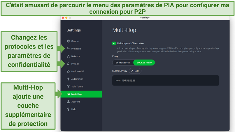 Screenshots of the PIA Settings menu with Multi-Hop selected