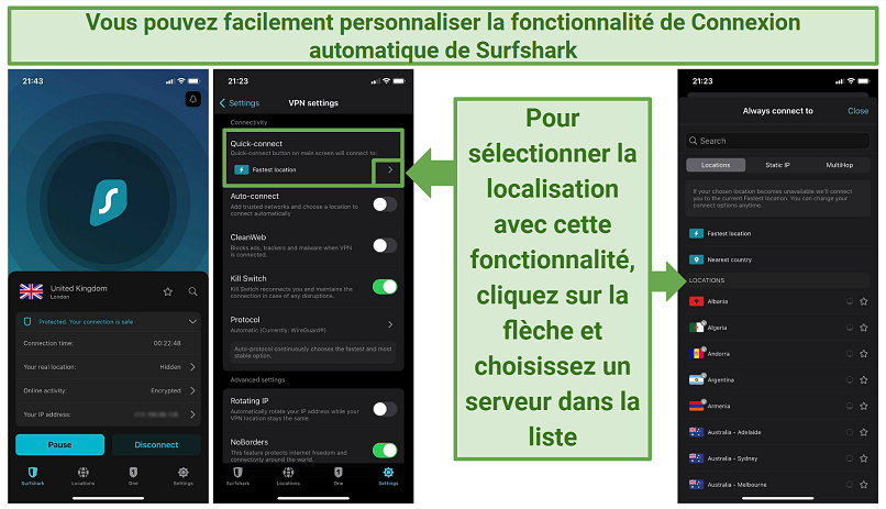 Screenshots of Surfshark's iOS app showing its main screen, the VPN settings menu, the Quick-connect feature, and the server list