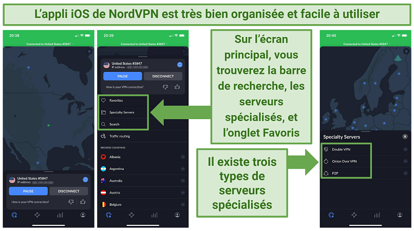 Screenshots of NordVPN's iOS app showing its main screen and the specialty servers