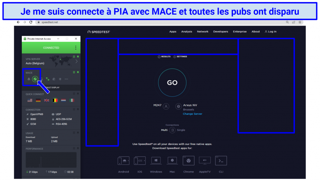 Screenshot showing banner ads gone once Private Internet Access VPN is connected with MACE feature enabled