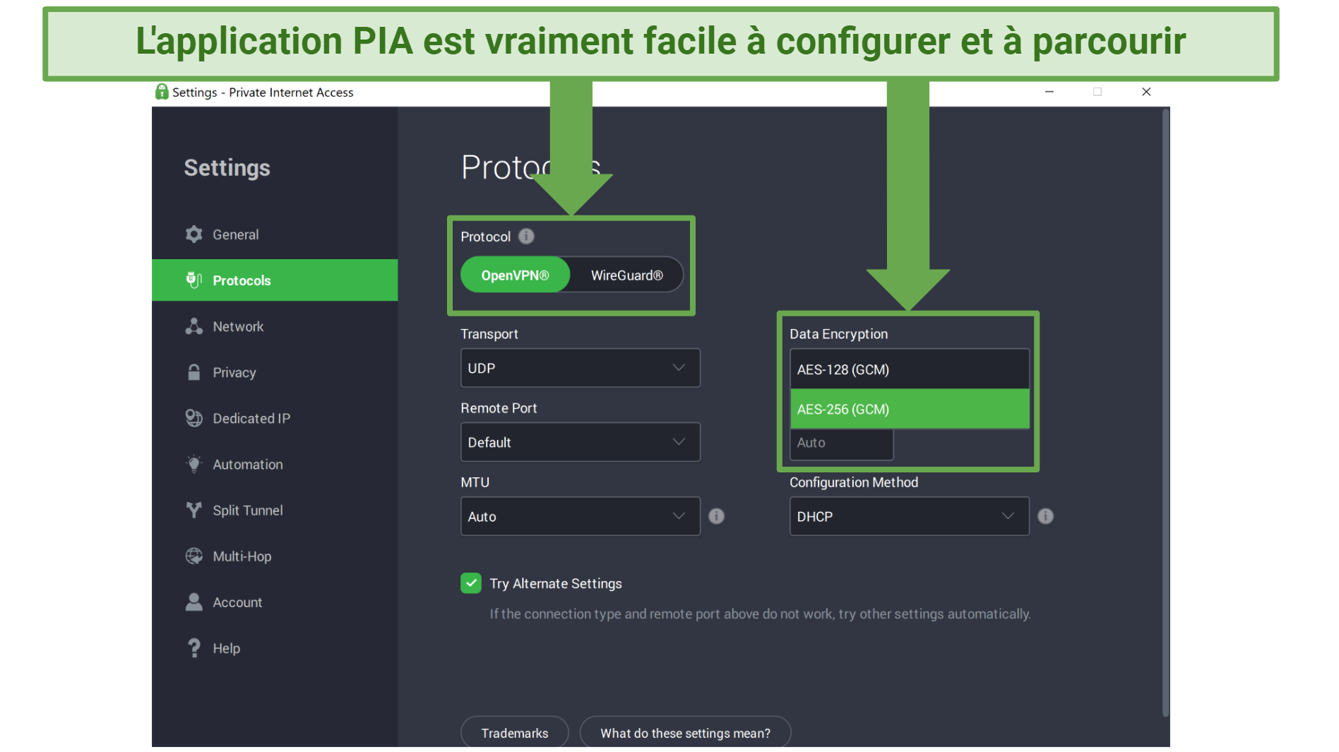 Screenshot of PIA's app showing the customizable settings