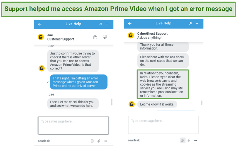 screenshot showing conversation with CyberGhost's chat support helping with an issue about Amazon Prime Video