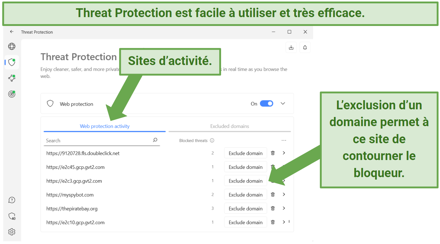 screenshot showing NordVPN's threat protection feature displaying which sites it blocked threats on