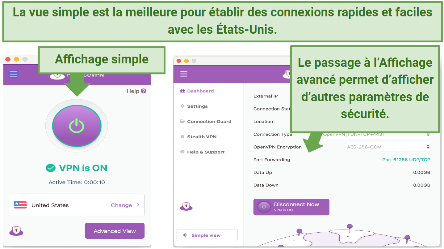 Screenshot showing PrivateVPN's Simple and Advanced views