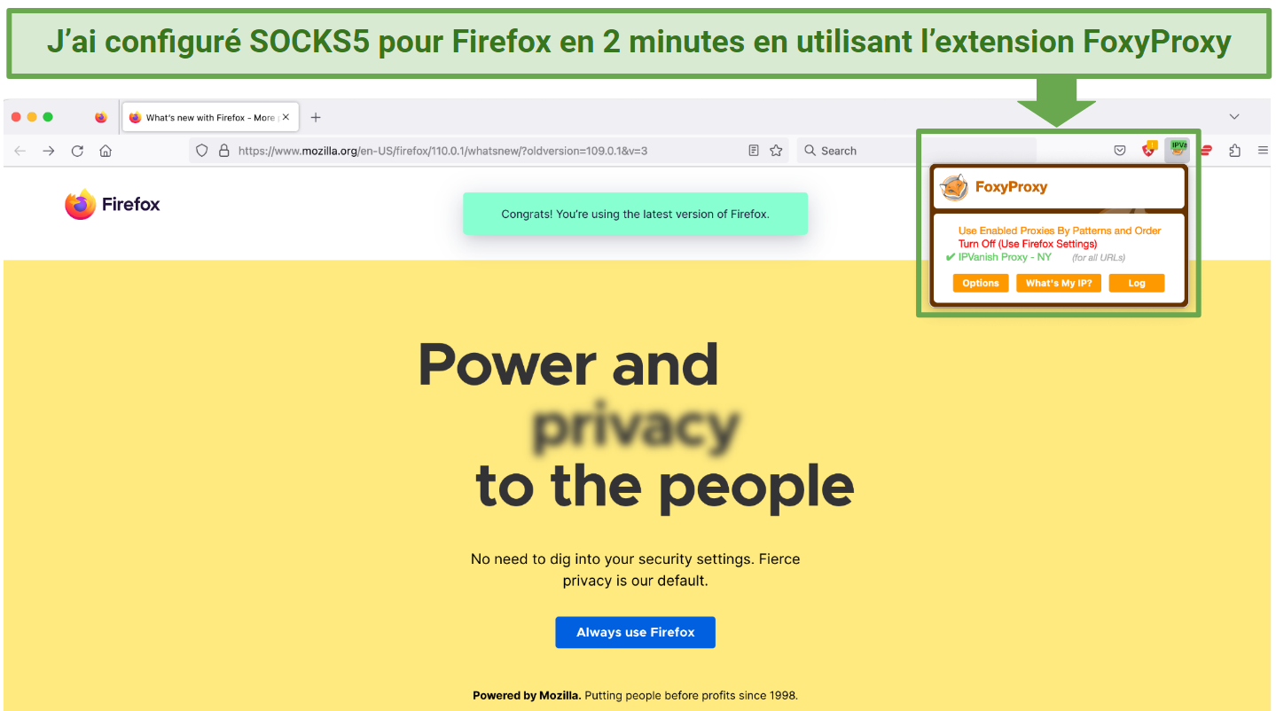 Screenshot showing a Firefox browser connected to a SOCKS5 proxy in New York