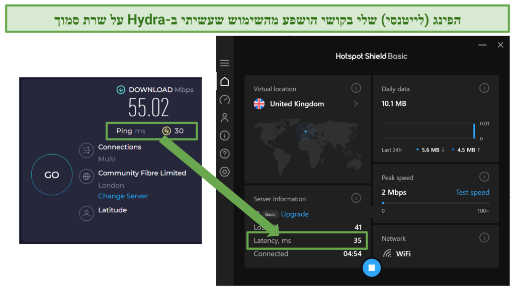 Screenshot showing Hotspot Shield Free VPN affect on ping or latency