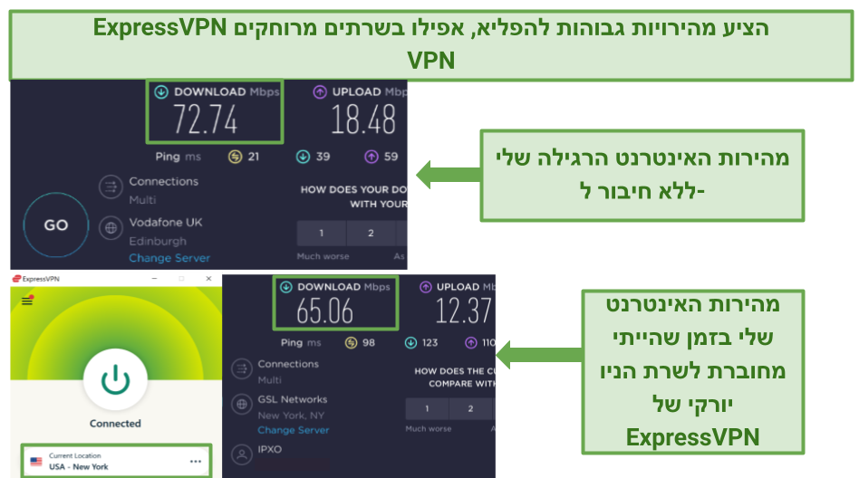 Screenshots of ExpressVPN's speed tests