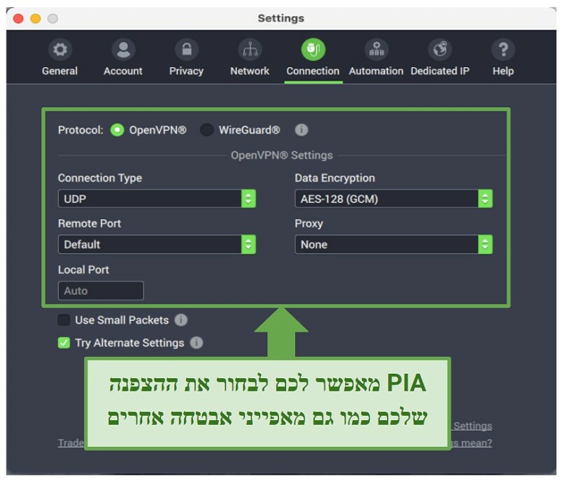 Graphic showing PIA security settings