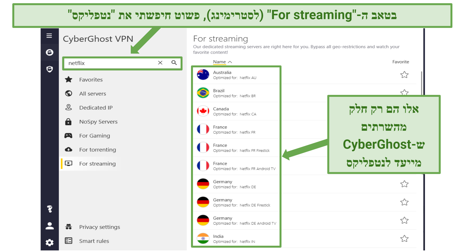 Screenshot displaying a list of CyberGhost's Netflix-optimized servers