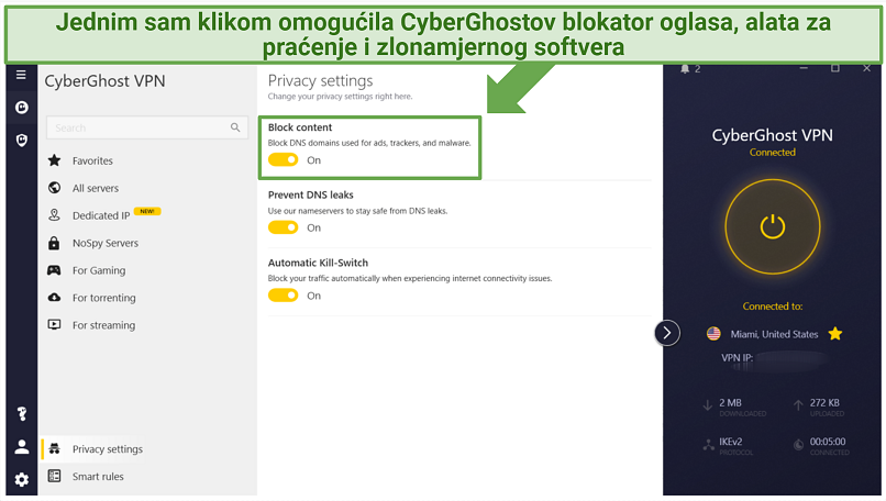 CyberGhost's Windows app displaying how to enable the built-in adblocker