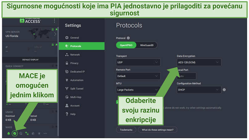 PIA Windows app displaying how to customize different security features and enable MACE