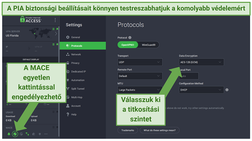 PIA Windows app displaying how to customize different security features and enable MACE