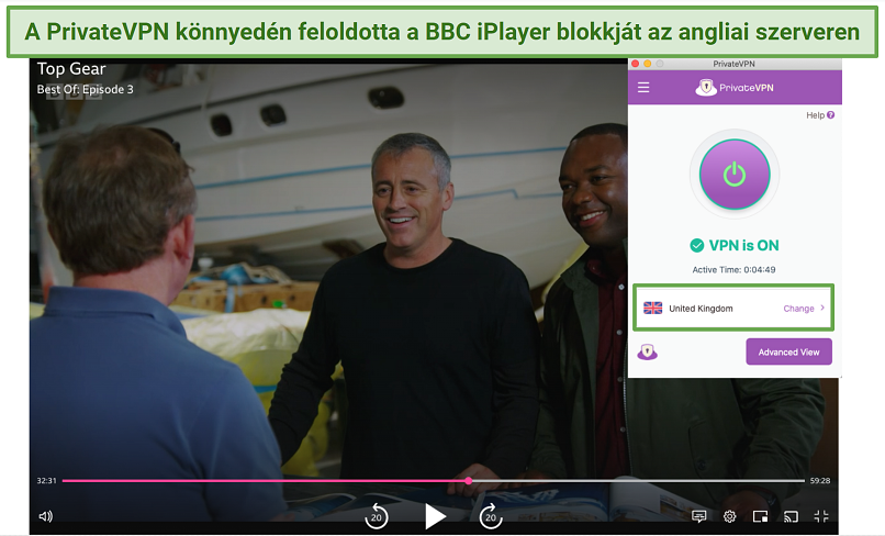 Screenshot of watching Top Gear on BBC iPlayer using PrivateVPN's UK server