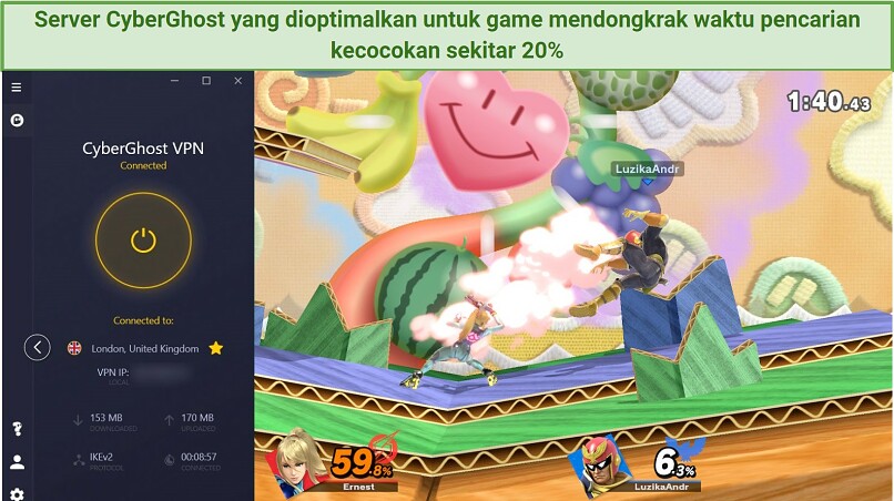 Screenshot of CyberGhost VPN working well with Super Smash Bros. Ultimate