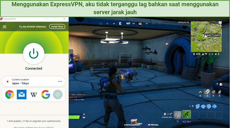 Screenshot of ExpressVPN working with Fortnite game